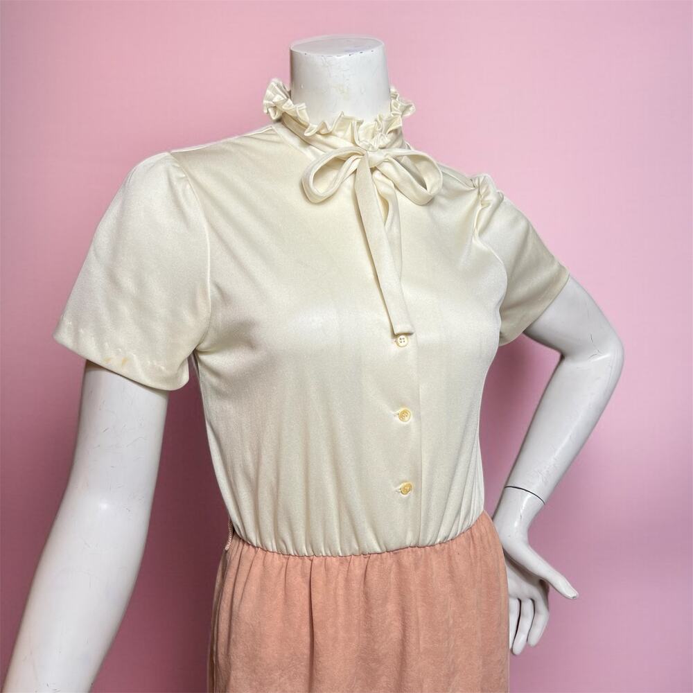 VINTAGE 60s Ruffle Collar Bowtie Dress Size 6 Cottagecore Faux Suede Midi Length